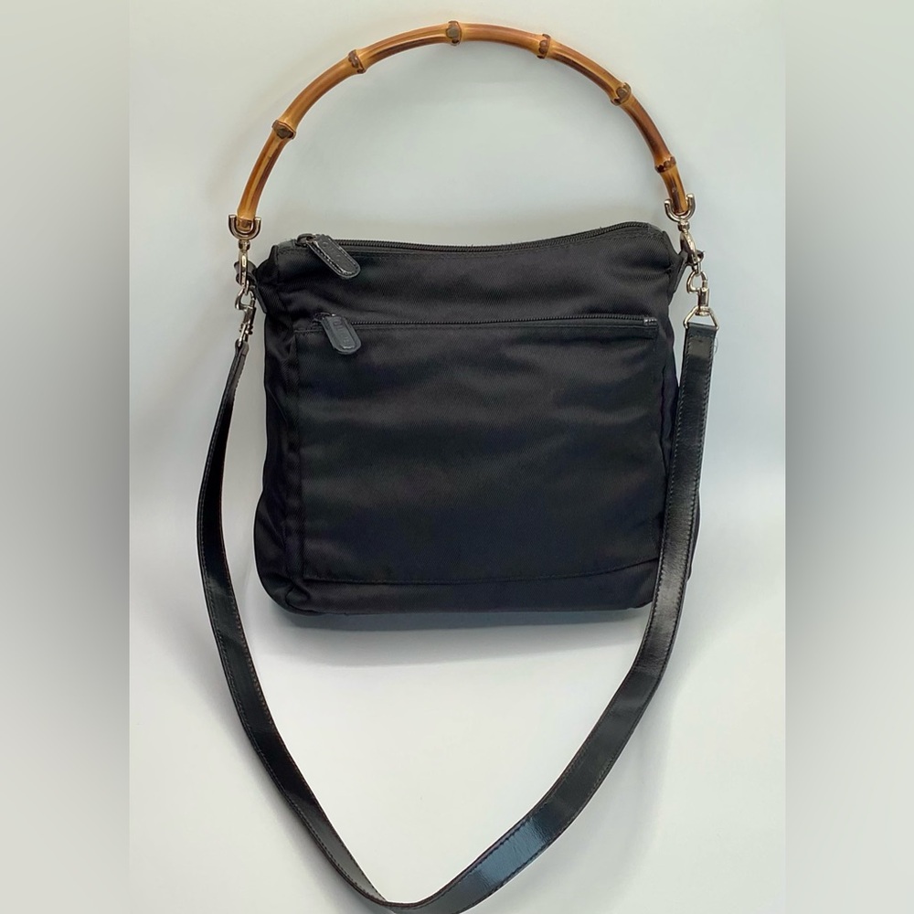 Gucci Bamboo Two-Way Handbag in Black Nylon and Leather